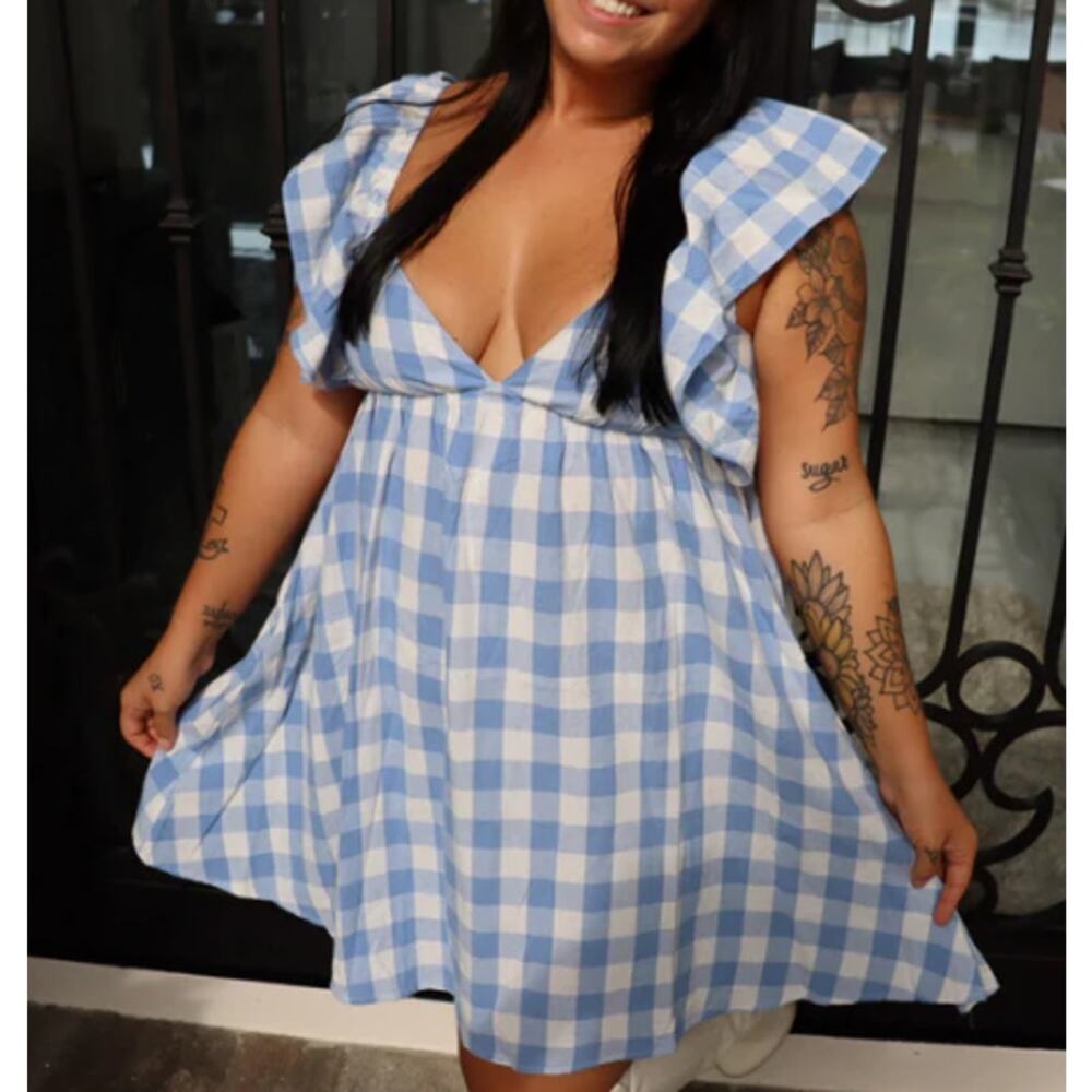 BIBI BIG CHECK GINGHAM WOVEN SWEETHEART DRESS W/ BACK TIE Blue White Medium NWT